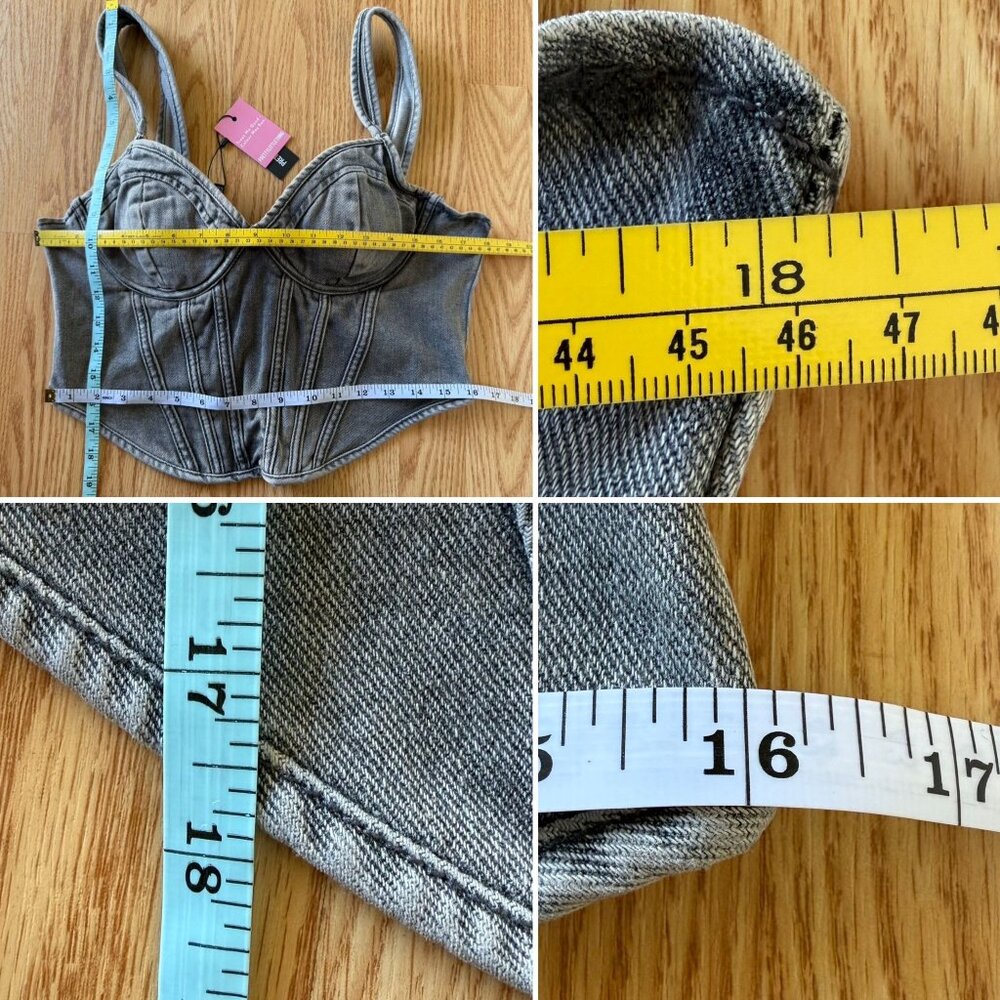 PrettyLittleThing Washed Grey Denim Corset Top Size 10 Dip Hem Bust Cup Bustier - Picture 6 of 10